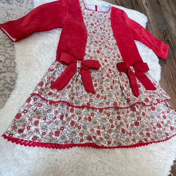 Sardon Girl’s Floral & Red Corduroy Autumn Party  Dress Sz 4Yrs - Picture 9 of 10